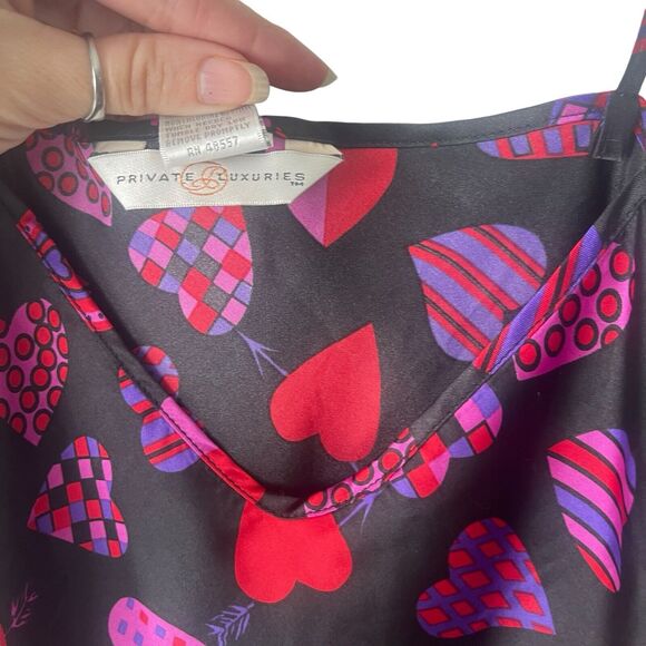 Private Luxuries Plus Size 1X Black Red Hearts Love Satin Slip Dress Night Gown - Picture 5 of 9